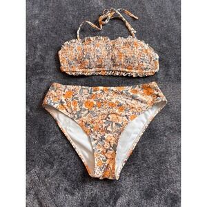 Cupshe Ditsy Floral Smocked Bandeau Bikini Set – Orange Apricot – size small